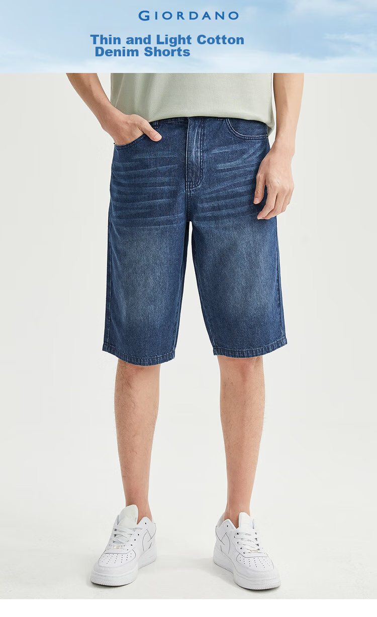 Giordano Men's Denim Shorts, Summer Lightweight Pure Cotton, Whisker Trend, Mid-Rise Straight-Leg Five-Point Shorts for Men, 13103211 3