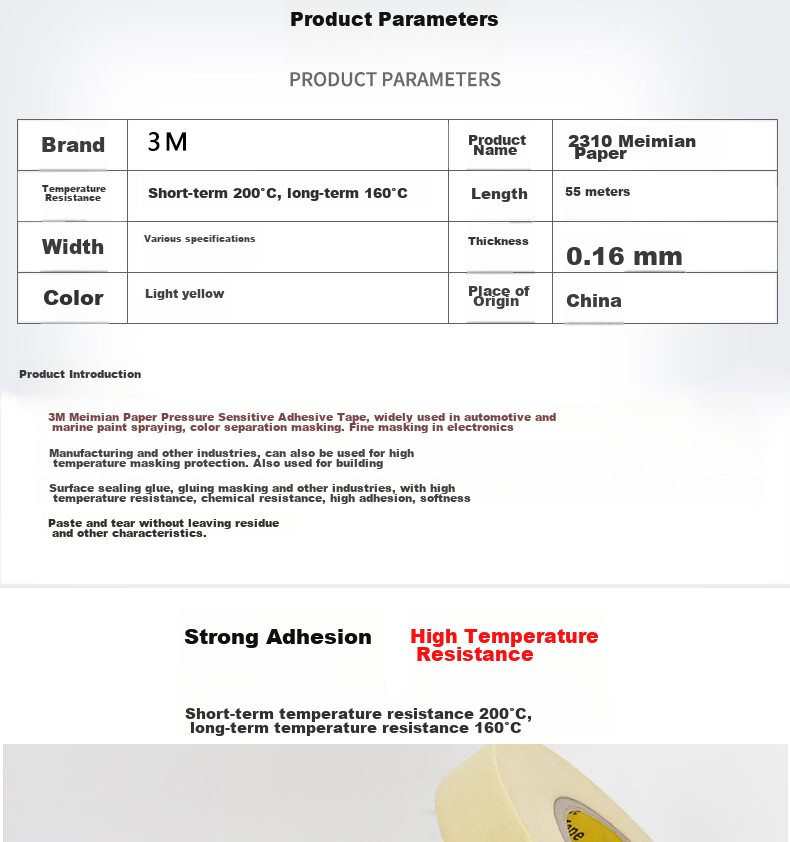 3M High-Temperature Resistant Masking Tape, Heat-Resistant, Stain-Free, Solvent-Resistant, for Painting Fixation And Protection [20mm*55m] 2310 2