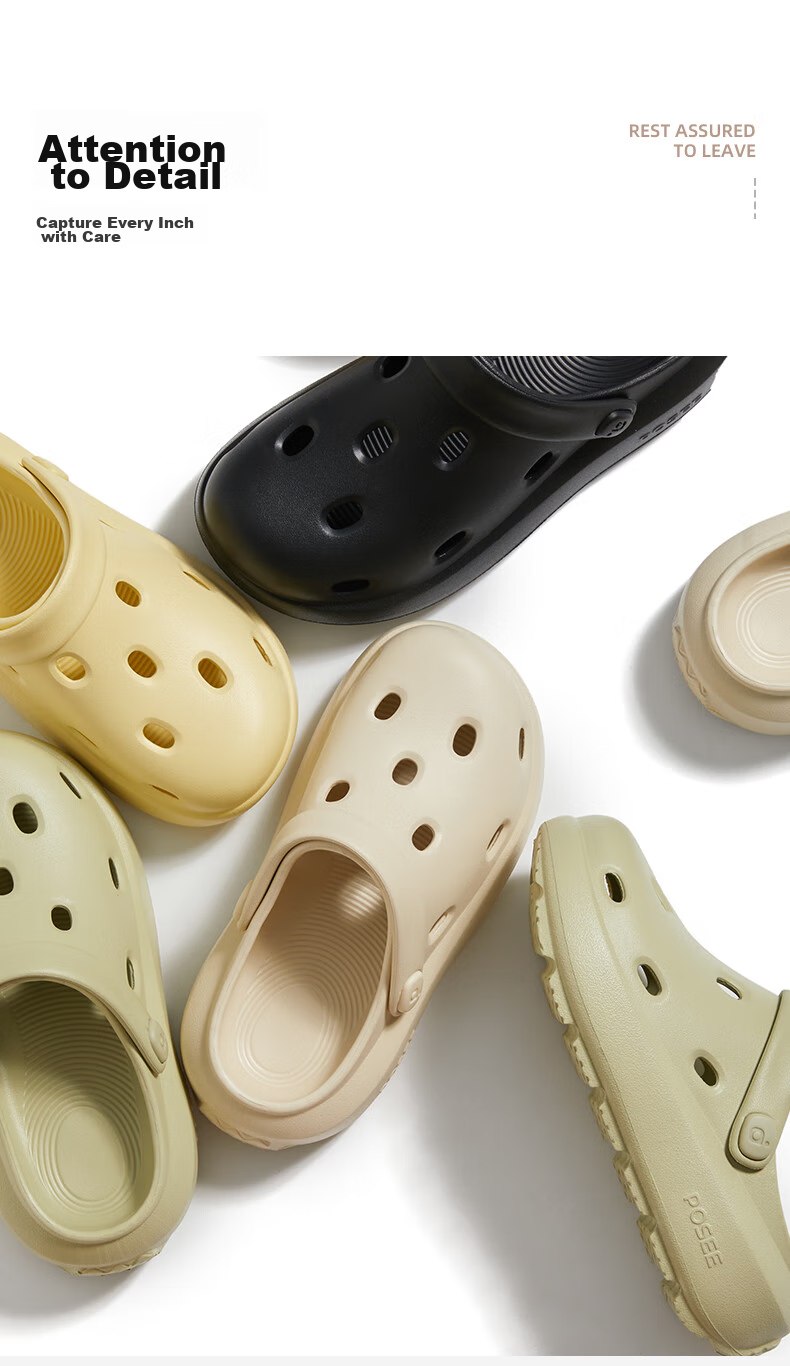 Poxi Cheese-Flavored Crocs-Style Perforated Shoes for Women, Thick-Soled Sandals, Beach Closed-Toe Slippers, Outdoor Wear for Couples, Reef Black, Size 42-43 12