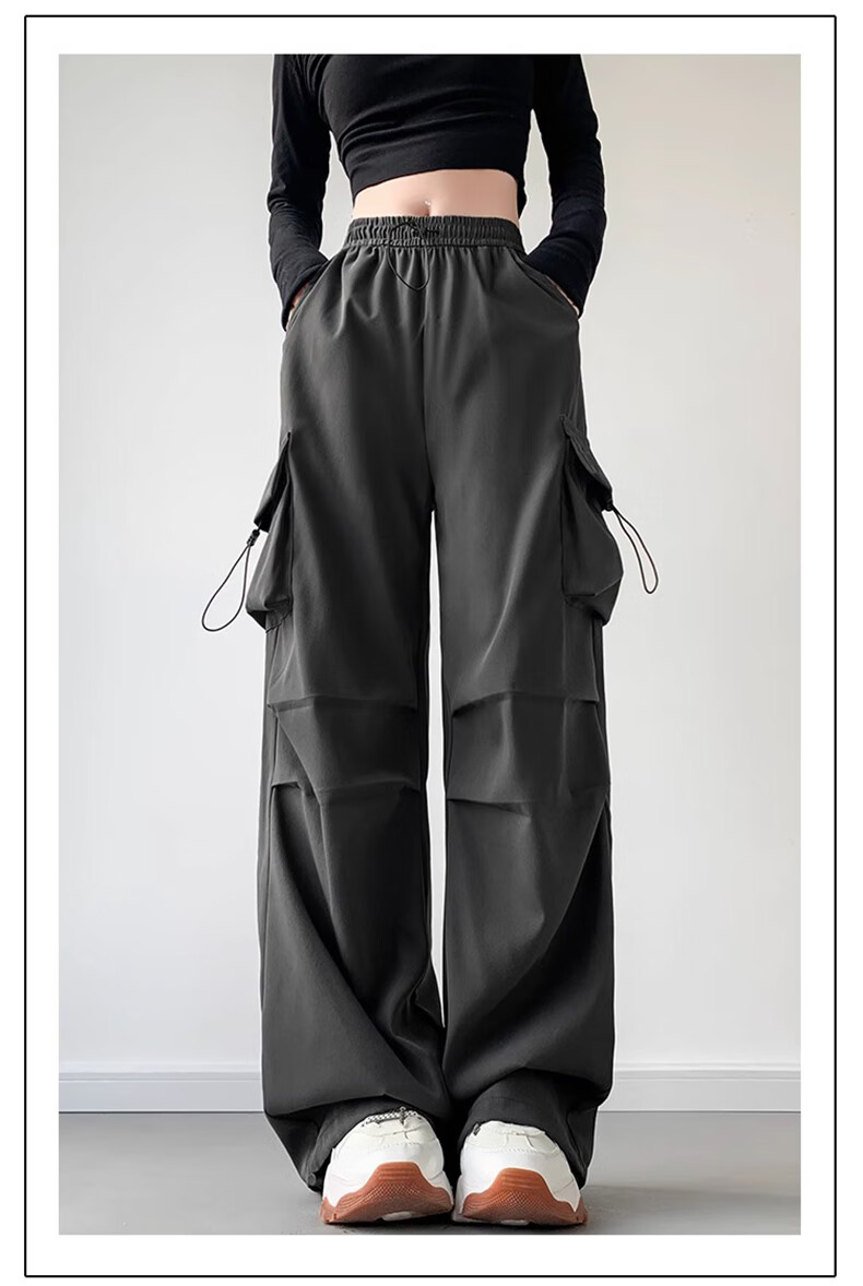 LangSha American-Style Parachute Cargo Pants for Women, Summer Ice Silk High-Waist Wide-Leg Loose Casual Quick-Dry Outdoor Sports Pants 26