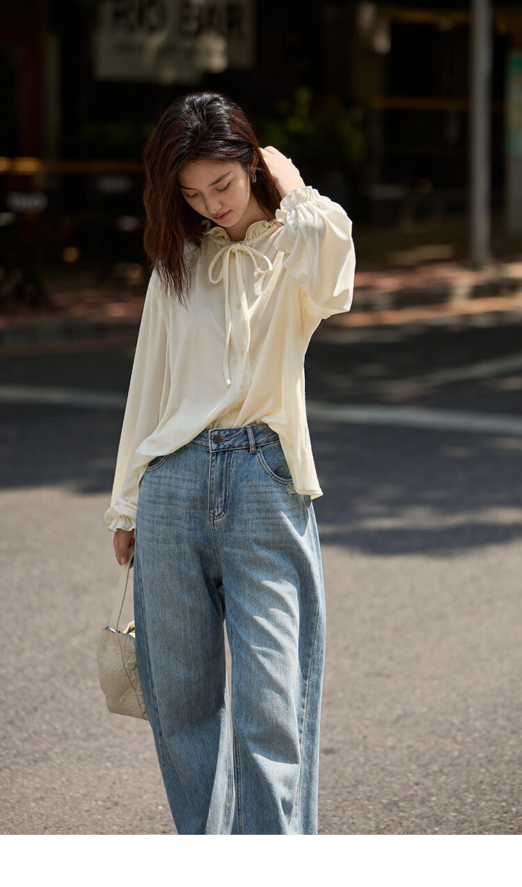 Dme [Retro Elegant Brown Shirt], Spring And Autumn Style, Silk Ribbon Collar, Velvet Blouse for Wome 9