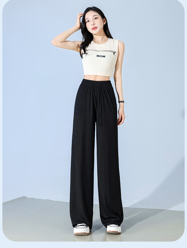 FitonTon Ice Silk Wide-Leg Pants for Women, Summer Lightweight High-Waist Draping Trousers, Loose Straight Casual Floor-Length Pants, Black, Size S 17