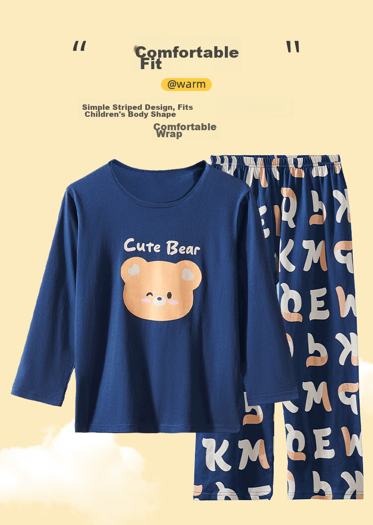 LangSha Children's Pajamas for Boys, All-Season Pure Cotton Round Neck Loungewear for Older Kids, Teenagers And Toddlers, Long-Sleeve And Long-Pants Set 3