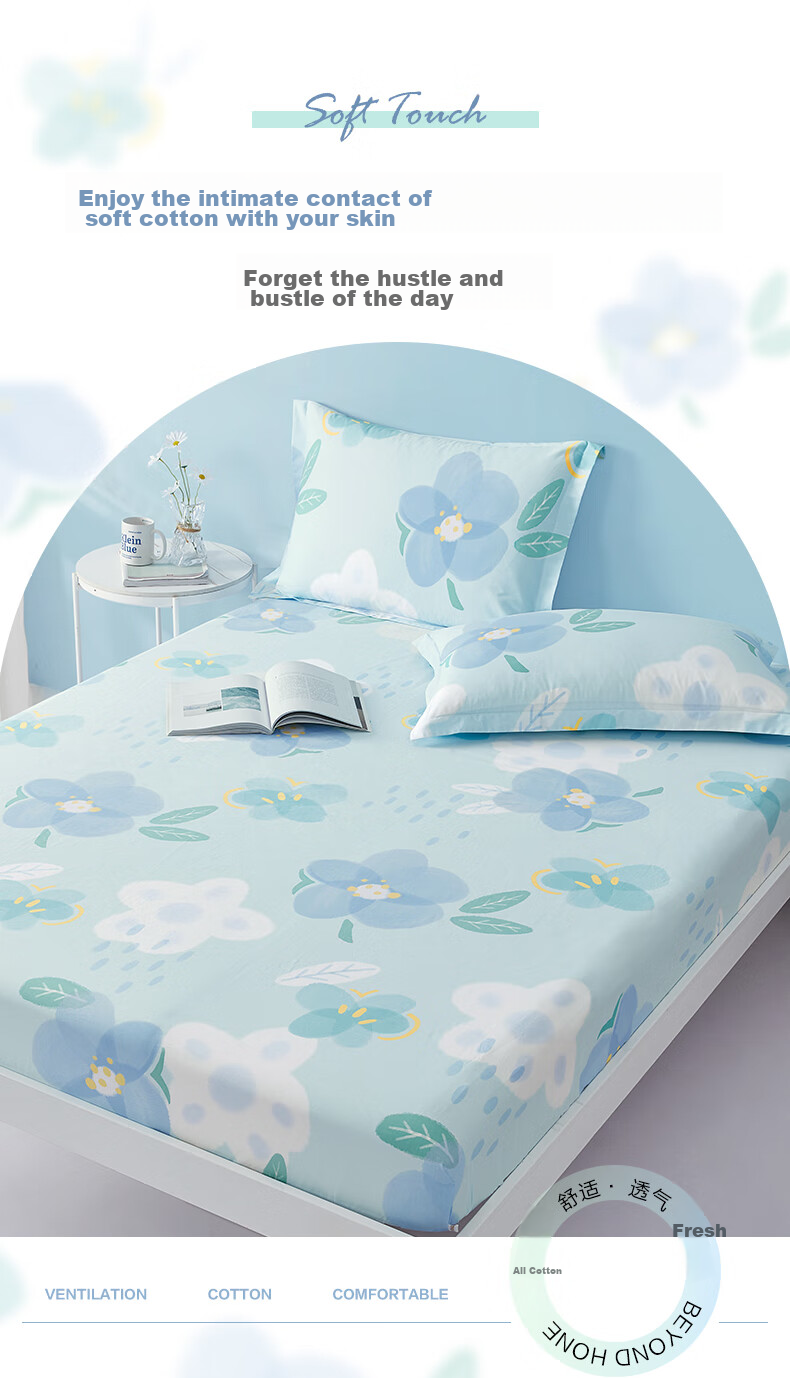 BEYOND Home Textiles Pure Cotton Fitted Sheet Mattress Cover Single Piece Set Floral Pattern 180*200cm 4