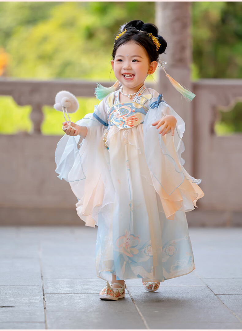 Menghu Xiaotianxia Hanfu Girls' Dress, Mid-Autumn Festival New Style Children's Fairy-Like Dress, Performance Princess Dress, Blue, Size 130 10