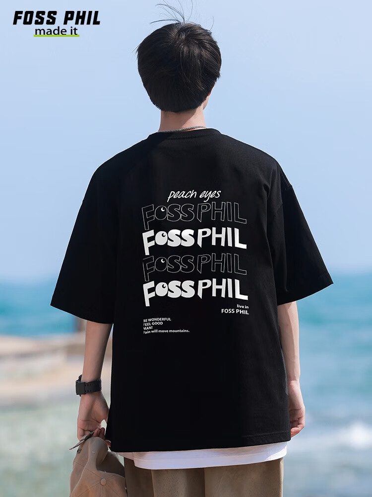 Foss Phil Short-Sleeve T-Shirt for Men And Women, Summer Loose Pure Cotton Casual Trendy Printed Undershirt Top F0016 Black L 5