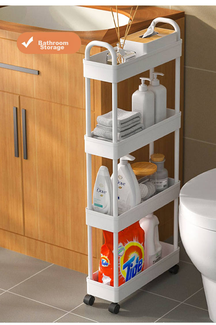 Ourunzhe Narrow Storage Rack, Kitchen Organizer Shelf, Slim Gap Trolley, Living Room And Bathroom Crevice Storage Shelf, Four-Tier with Handle 6