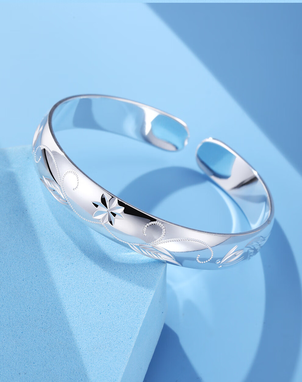 Laoyinjiang 999 Sterling Silver Bracelet with Fish Pattern, Adjustable Opening Width, Wide Surface, Silver Bangle for Women, Gift for Mom And Elderly 7