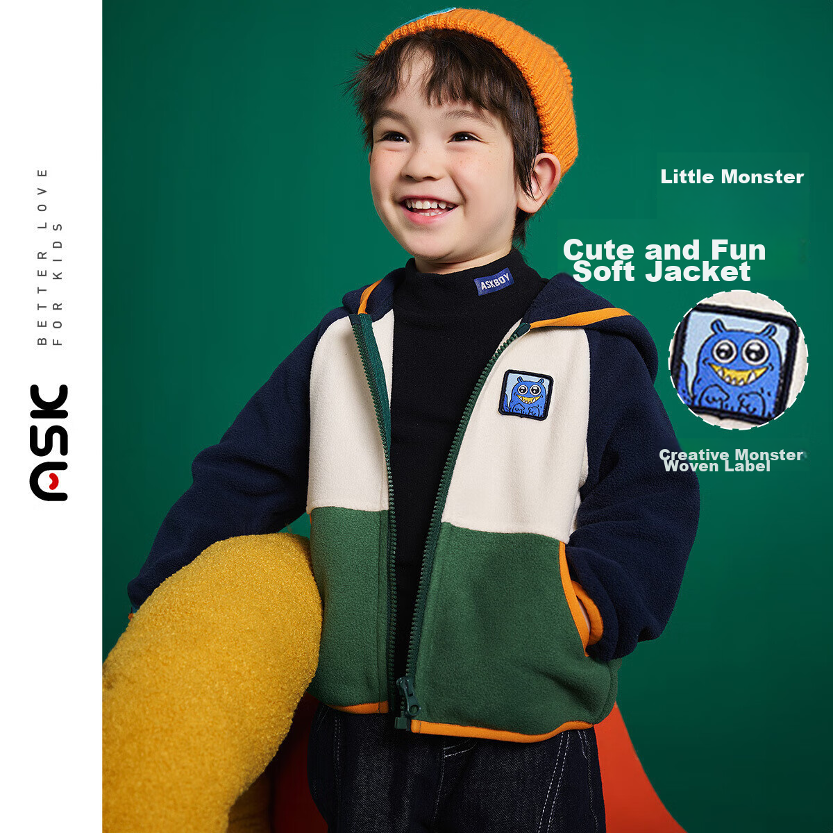 ASK JUNIOR Boys' Jacket, 2026 Autumn Toddler Color-Block Fleece Jacket, Children's Preppy Style Hooded Coat