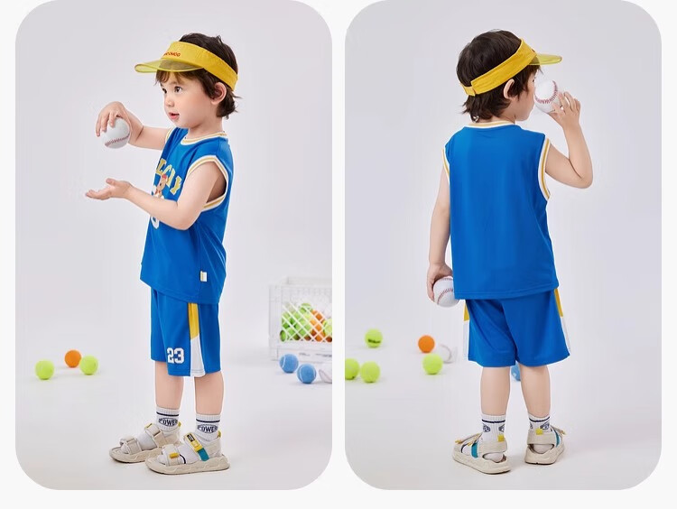 Dudujia Baby Quick-Dry T-Shirt Set, Summer Boys' Basketball Outfit, Stylish Children's Short-Sleeve Shorts Two-Piece Set, Blue, Size 100 7