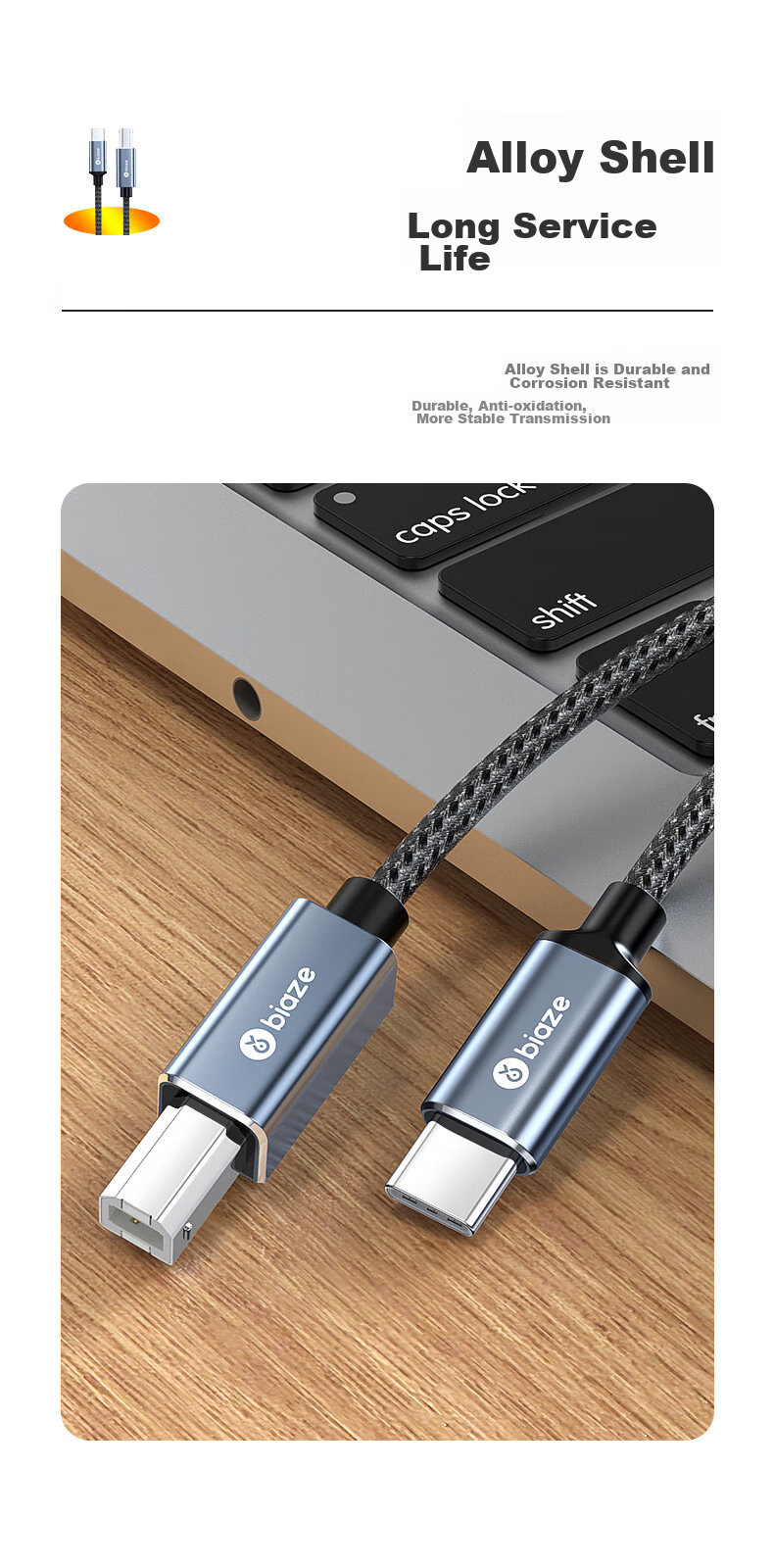 BIAZE Type-C High-Speed Printer Data Cable, USB-C Square Connector Printing Data Cable, Compatible with HP, Canon, Epson Printer Connection Cable, 3 Meters 9