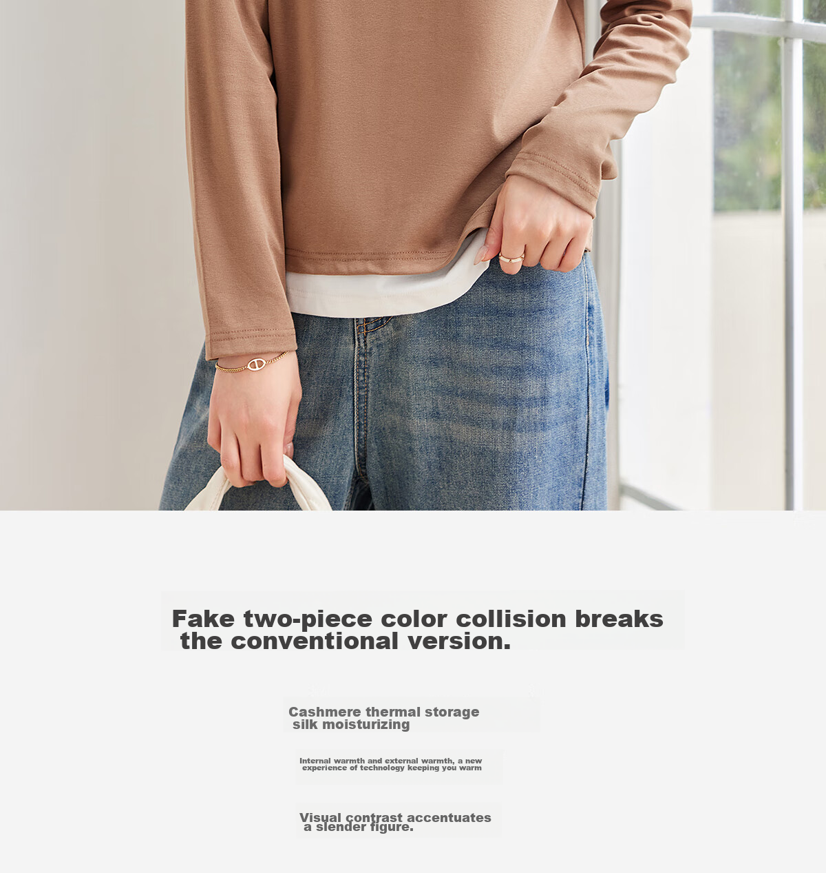 Taxiang Long-Sleeve T-Shirt for Women, Wilderness Maillard Small V-Neck Faux Two-Piece Top T-Shirt Spring Autumn Contrasting Color Base Shirt T143T2042 14