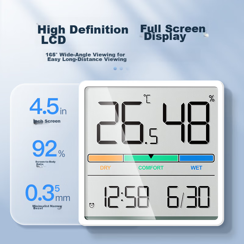 Mashi Color Screen Clock with Temperature And Humidity Meter, High Precision Indoor Thermometer for Home Use, Baby Room Magnetic Wall-Mounted Hygrometer, Black