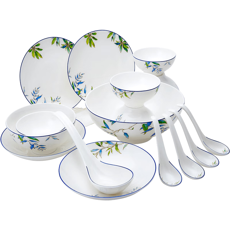 Magelongte Bone China Dinnerware Set, Bowl And Plate Set, Light Luxury Chinese Style Bowls And Plates with Spoons, Gift Box Packaging, Parrot Design, 16 Pieces, Serves 4 People
