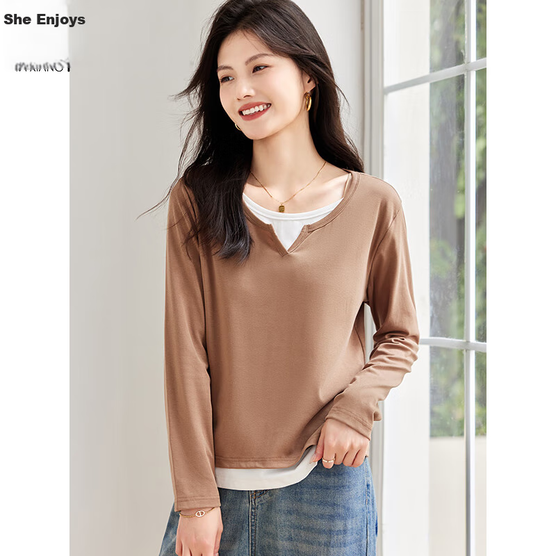 Taxiang Long-Sleeve T-Shirt for Women, Wilderness Maillard Small V-Neck Faux Two-Piece Top T-Shirt Spring Autumn Contrasting Color Base Shirt T143T2042