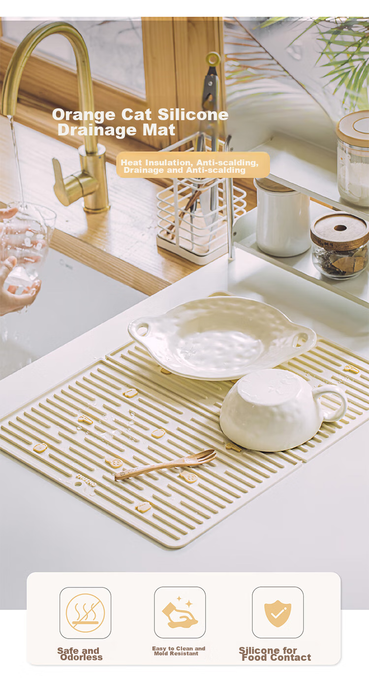 Shuke Orange Cat Draining Mat, Kitchen Silicone Bowl And Chopstick Mat, Absorbent Tabletop, Hand Washing Storage, Heat-Insulating Draining Curtain, Gadget 1