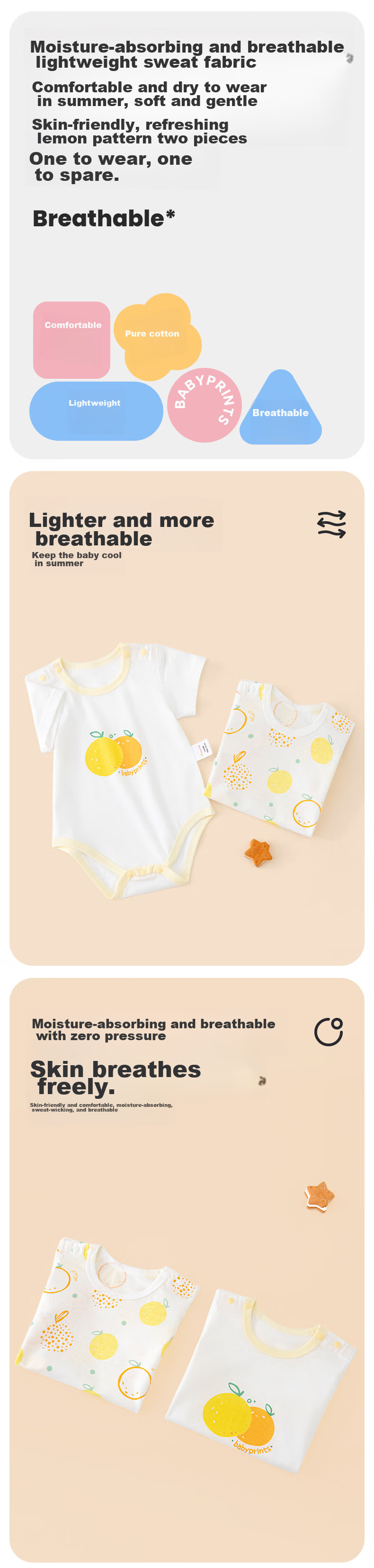 Babyprints Infant Short-Sleeve Bodysuit, Newborn Pure Cotton Onesie, Summer Thin Romper for Newborns, Size 73 1