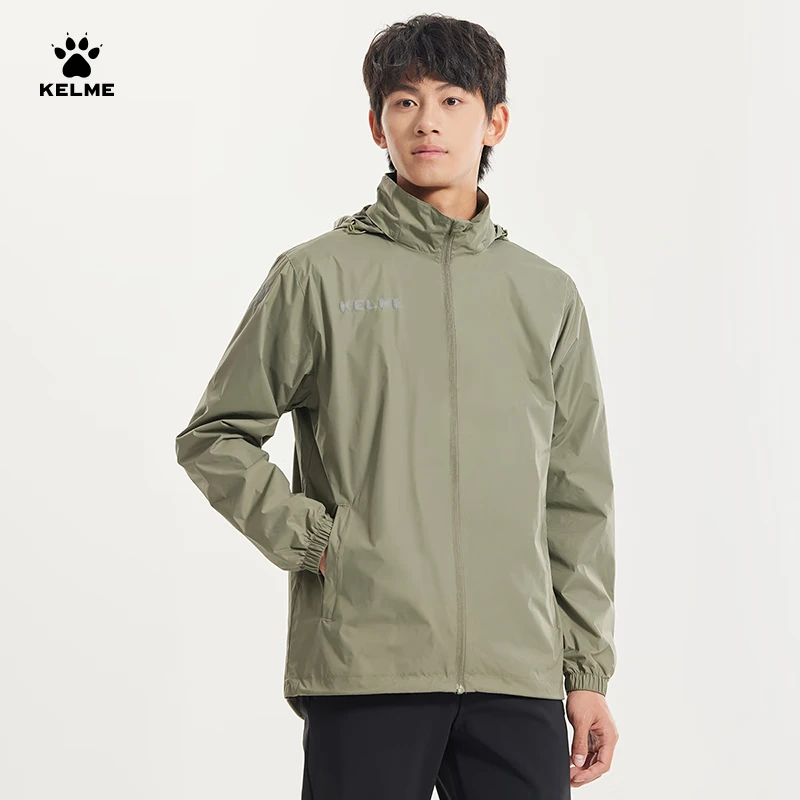 KELME Sports Jacket for Men And Women, Windproof And Water-Resistant Hooded Football Training Coat, Army Green, XL