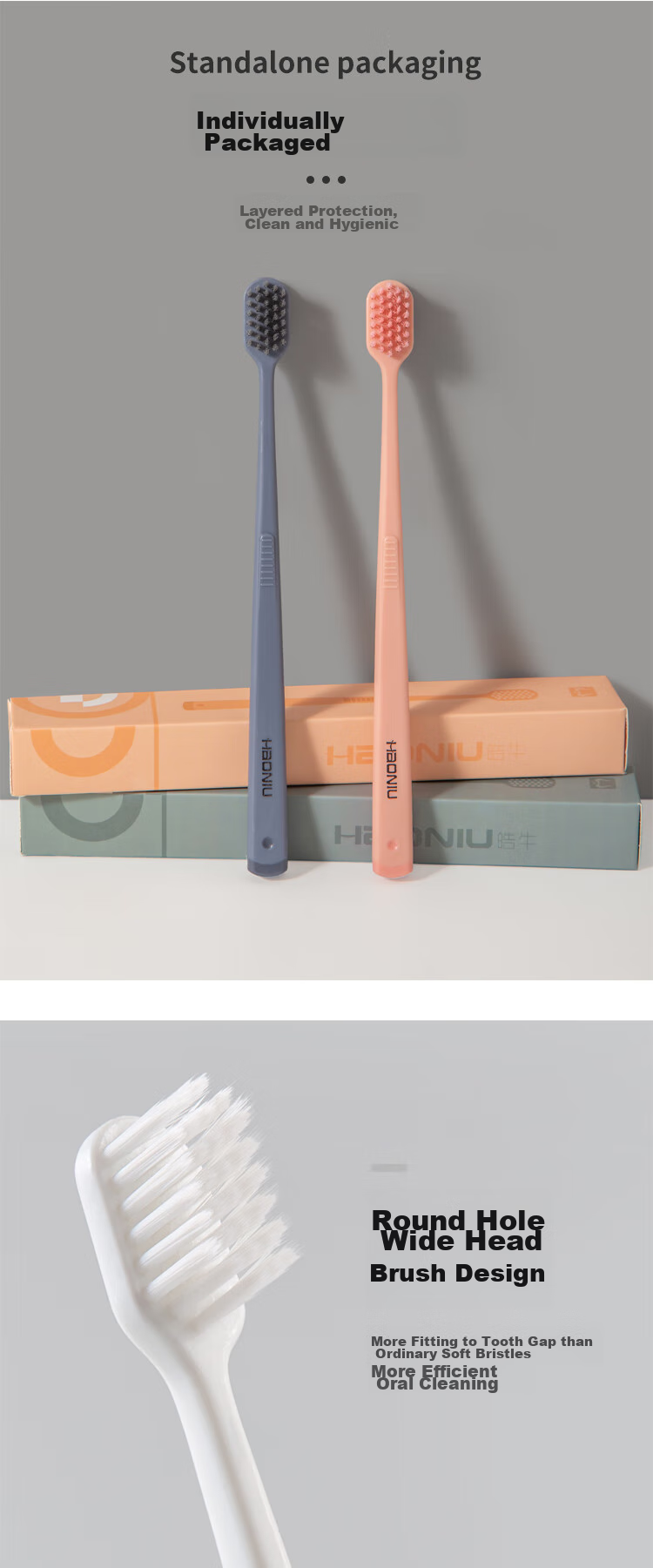 HAONIU Individually Wrapped Ultra-Fine Gum Protection Adult Wide-Head Soft Bristle Toothbrush, 4 Pieces 3