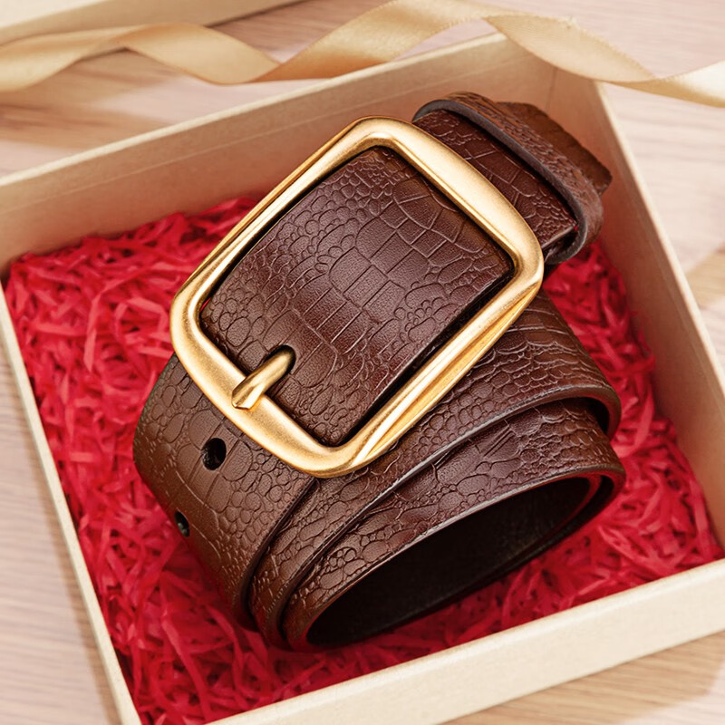 Cattlesboss Men's Belt, Alligator Pattern, Top-Grain Leather, Pin Buckle with Copper Clasp, 1986 Gift for Dad, Dark Brown, 110cm