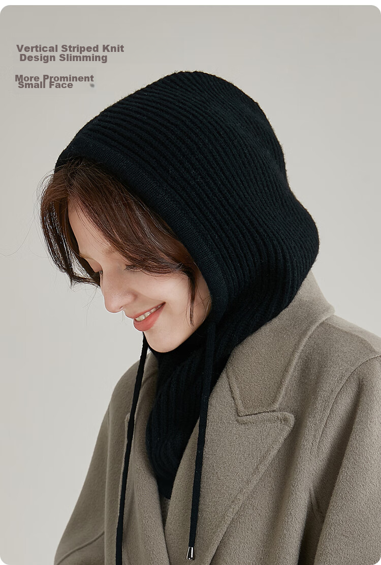 JIUMU Pure Wool Warm Knit Hat for Women, Autumn And Winter Balaklava Knitted Cap, Cold-Proof Hood with Integrated Neck Warmer 5