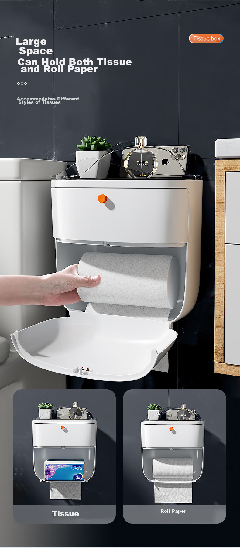Jiabangshou Bathroom Toilet Paper Holder, No-Drill Wall-Mounted Tissue Box, Toilet Paper Rack, Bathroom Storage Item, Tissue Dispenser 3