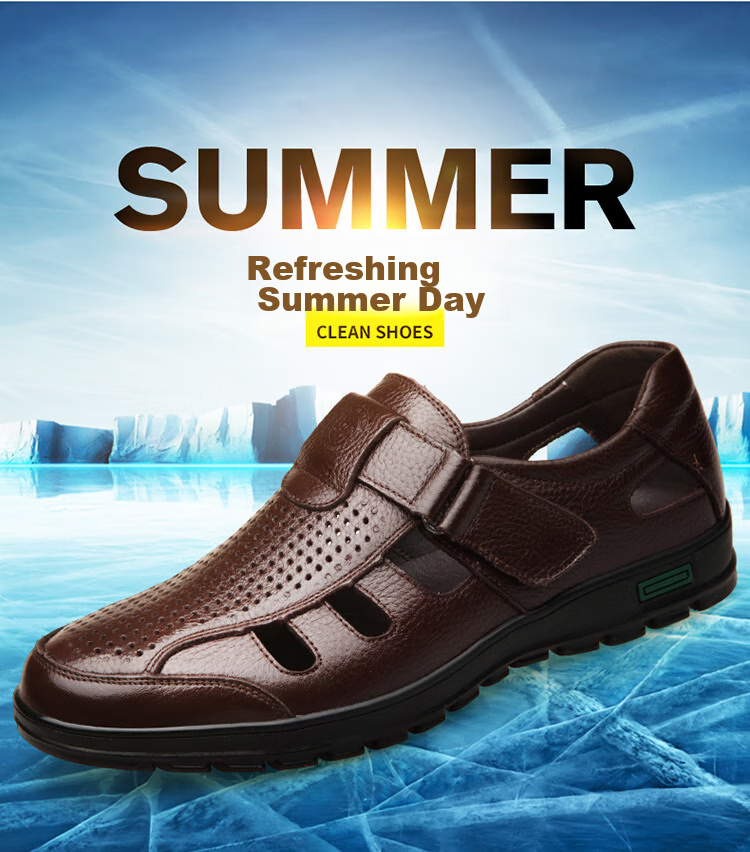 EGCHI Men's Sandals, Hollow-Out Slip-On, Top-Grain Leather, Velcro Casual Leather Sandals, J8838, Black, Size 39 3