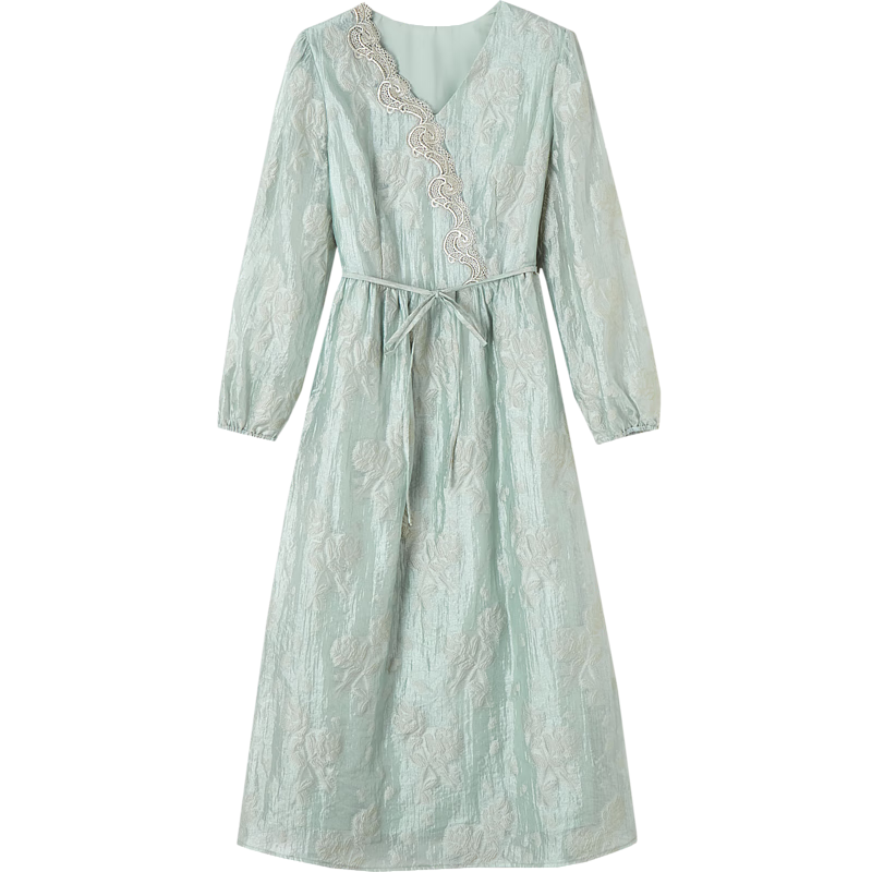 Dme [Light Luxury Jacquard A-Line Skirt], Spring And Autumn V-Neck Waist-Cinching Lace X-Shaped Midi Dress for Wome