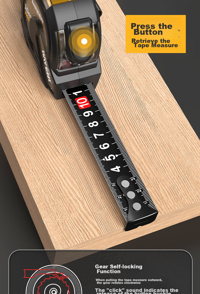 Ruineng Self-Locking Tape Measure, High Precision, Black Gold Rubber-Coated, Transparent Case, Wear-Resistant, Drop-Resistant Steel Tape Measure, Meter Ruler, Box Ruler, 10X25mm 14