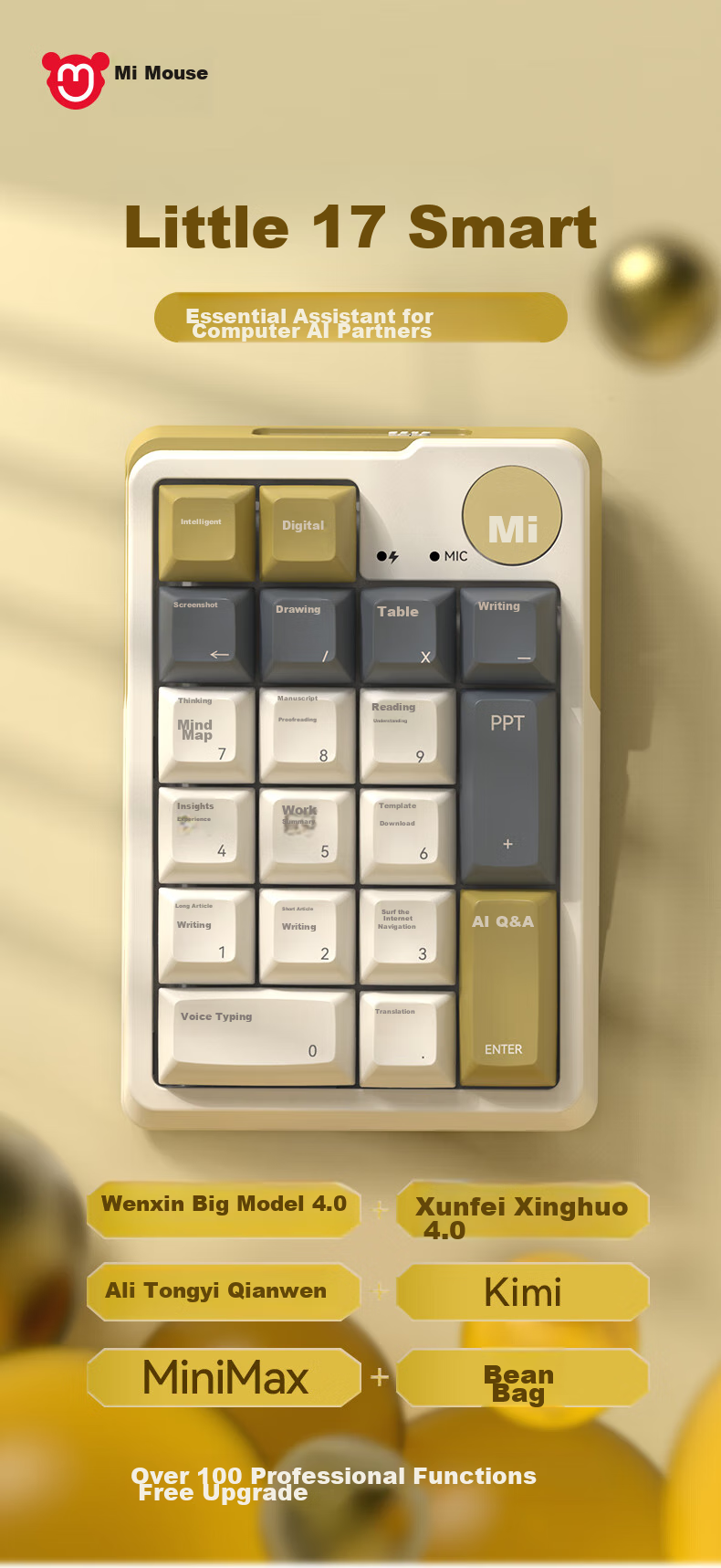 Mimouse MK17AI Keyboard, Small 17, Supports AI Video Drawing Meeting Recording Writing PPT, Mechanical Digital Smart Keyboard, Wireless Tri-Mode Bluetooth 1