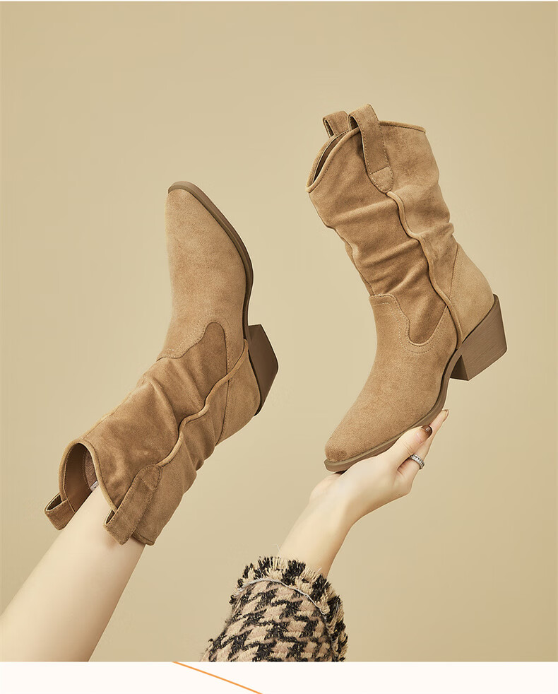 DAPHNE Pointed Toe Western Boots for Women with Fleece Lining, Chunky Heel, Versatile Retro Mid-Calf Boots, Khaki with Fleece Lining, Size 35 1