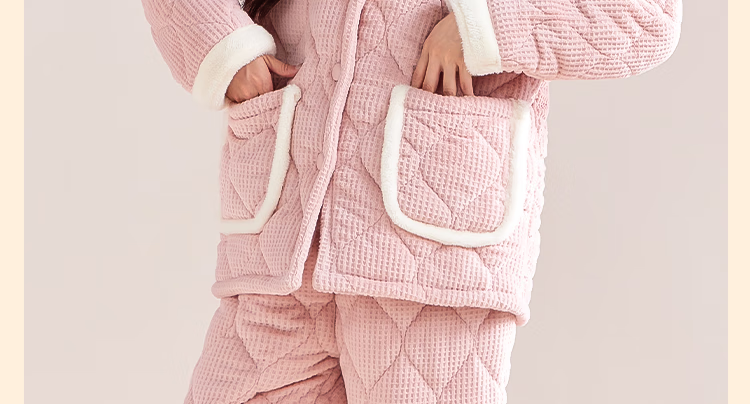 MiiOW Coral Fleece Three-Layer Padded Women's Pajamas, Ultra-Thick Fleece-Lined Warm Loungewear, Suitable for Outdoor Wear, Cherry Blossom Pink 3