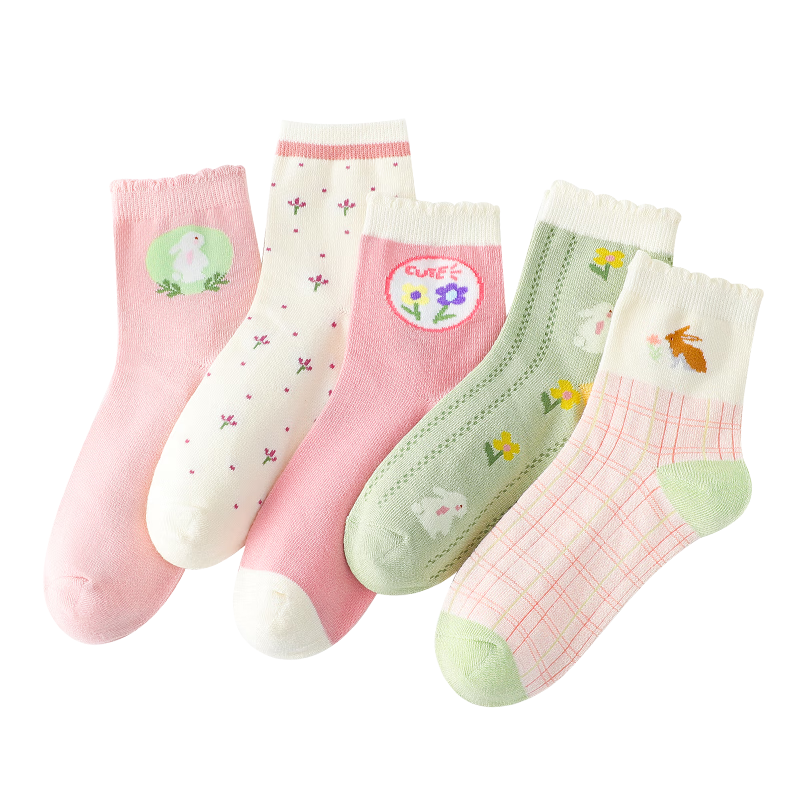 LangSha Kids Socks Girls Spring Autumn Winter Four Seasons Mid-Calf Comfortable Breathable Cotton Socks Cute Big Children 5 Pairs Pack