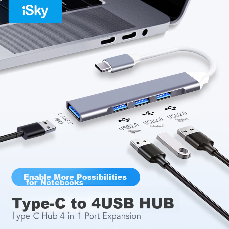 iSky Type-C Expansion Dock, USB-C Hub, Apple Laptop Converter, 4-Port High-Speed Four-In Hub Adapter, Expansion Dock