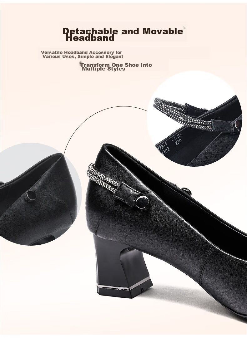 LAORENTOU Spring And Autumn Women's Flats, Shallow Mouth Mid-Heel Leather Shoes, Chunky Heel Commuter Work Mom Shoes LB12272 Black 35 8