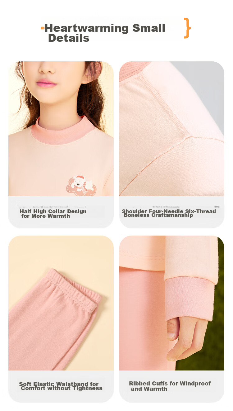 Hodohome Children's Autumn Underwear Set, Girls' Pure Cotton 7A Grade Antibacterial Semi-Turtleneck Thin Warm Underwear Set 118 150 36