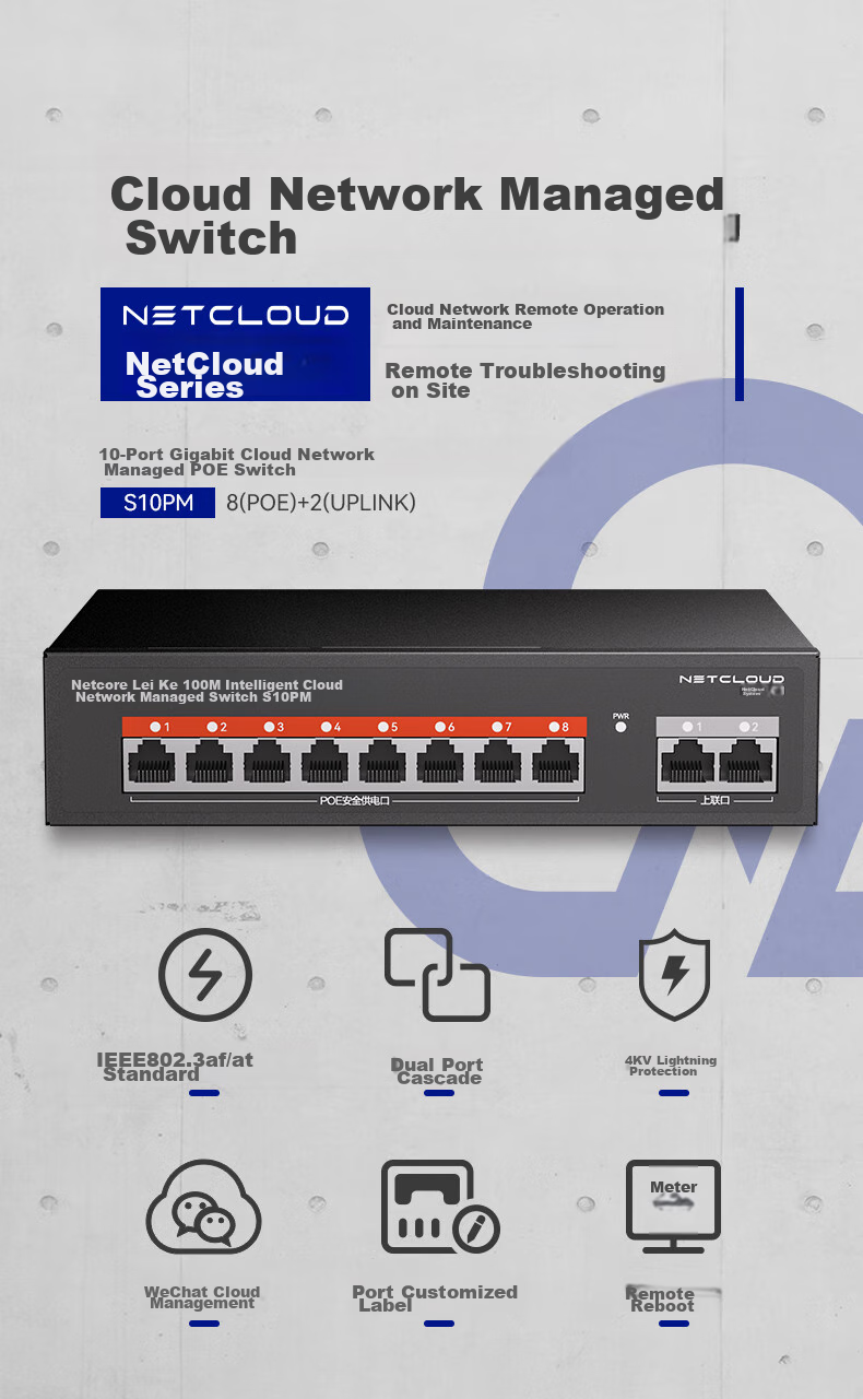 Netcore S10PM, 10-Port 100Mbps POE Switch, Cloud Managed Splitter, Surveillance Network Camera Hub, VLAN Isolation, Light Management 1