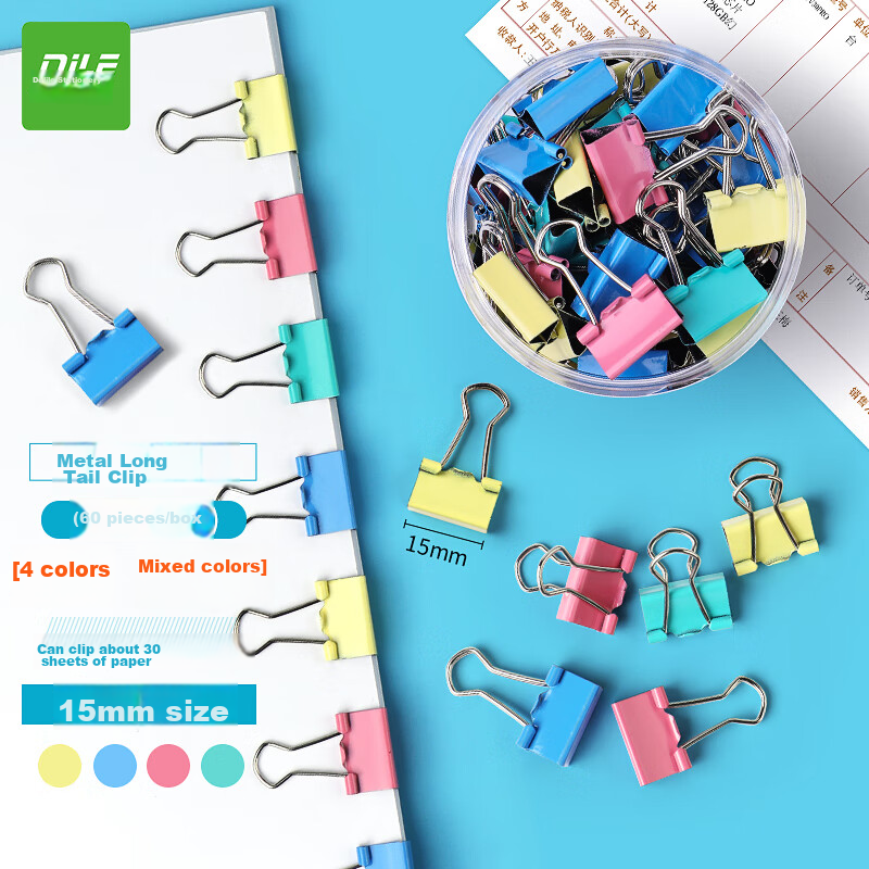 DiLe 60 Pieces 15mm Colorful Long Tail Binder Clips Metal Document Clips Swallow-Tail Clips Iron Clips Office Supplies 4 Mixed Colors Durable Metal