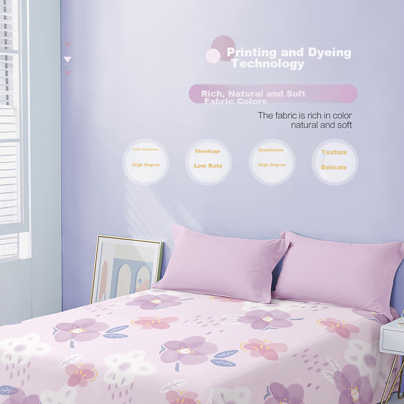 BEYOND Home Textiles Pure Cotton Bed Sheet with Printed Pattern, All-Cotton Duvet Cover, Single Piece Set, Floral (Purple) 200*230cm 10