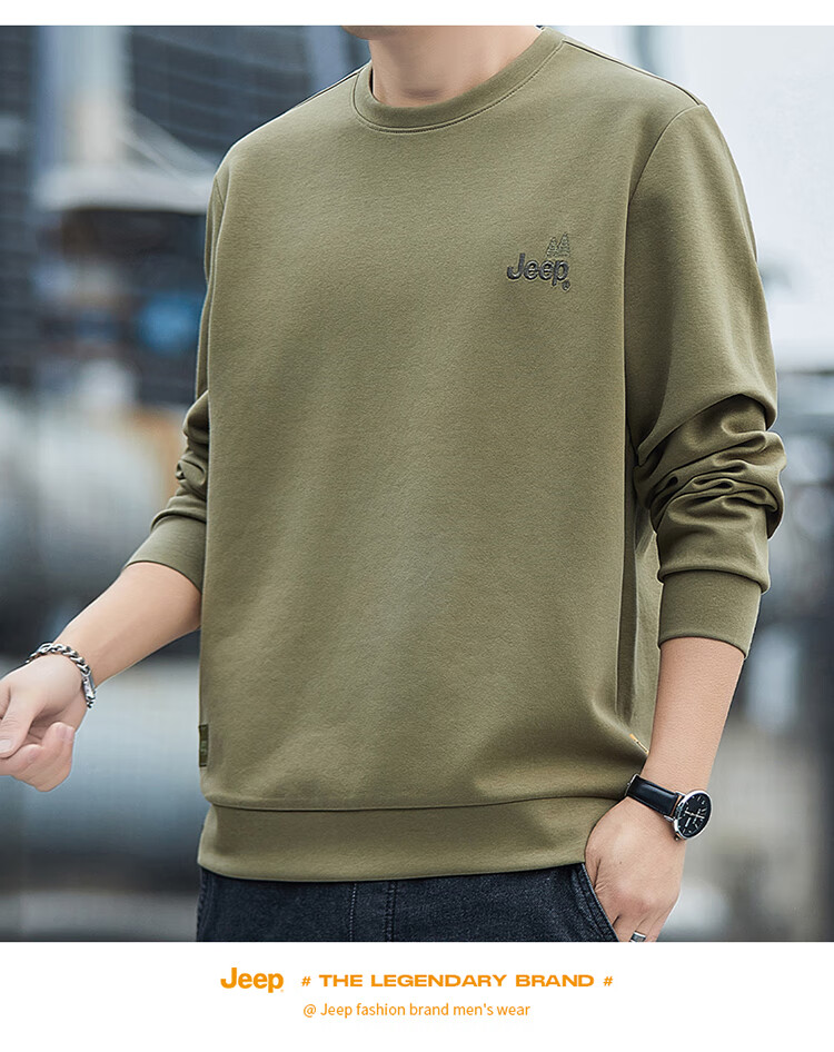 JEEP Men's Sweatshirt, Autumn And Winter Round Neck Long Sleeve T-Shirt, Loose Casual Clothing for Men, Army Green Fleece-Lined, 4XL 6