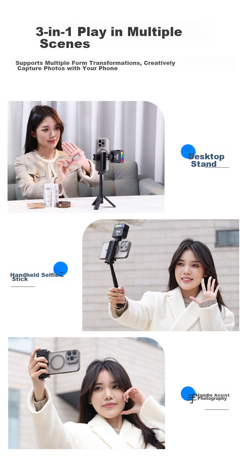 Youlanzi Ulanzi JJ02 Bluetooth Selfie Stick for Smartphone (With Fill Light Kit), Extendable Tripod Handle, Desktop Stand, Rotating Phone Clamp 3