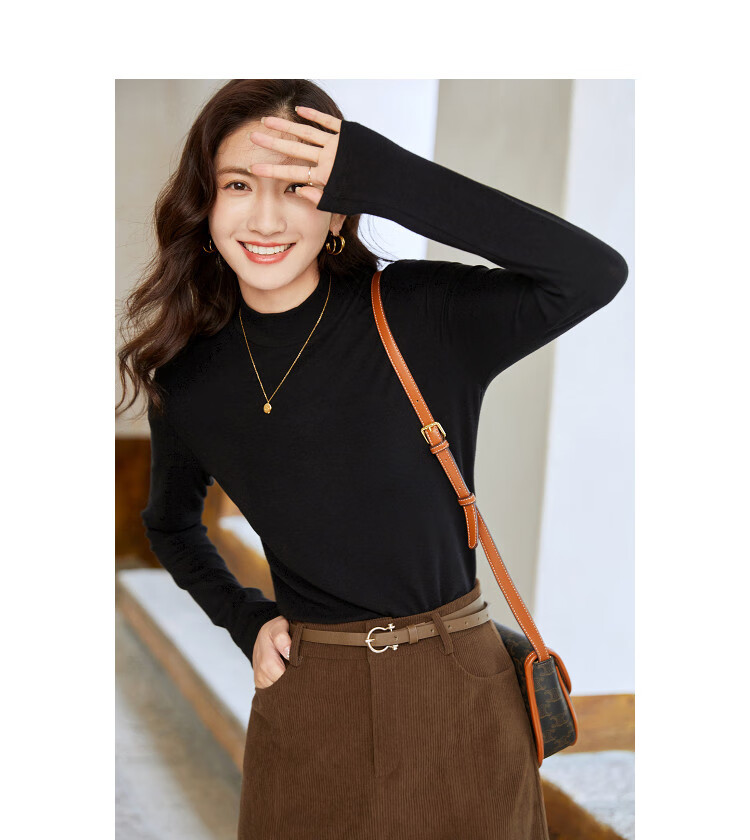 NOME Semi-Turtleneck Fleece Base Layer Women's New Warm Underwear, Fleece-Lined Thermal Top for Autumn And Winter, Black, M 9