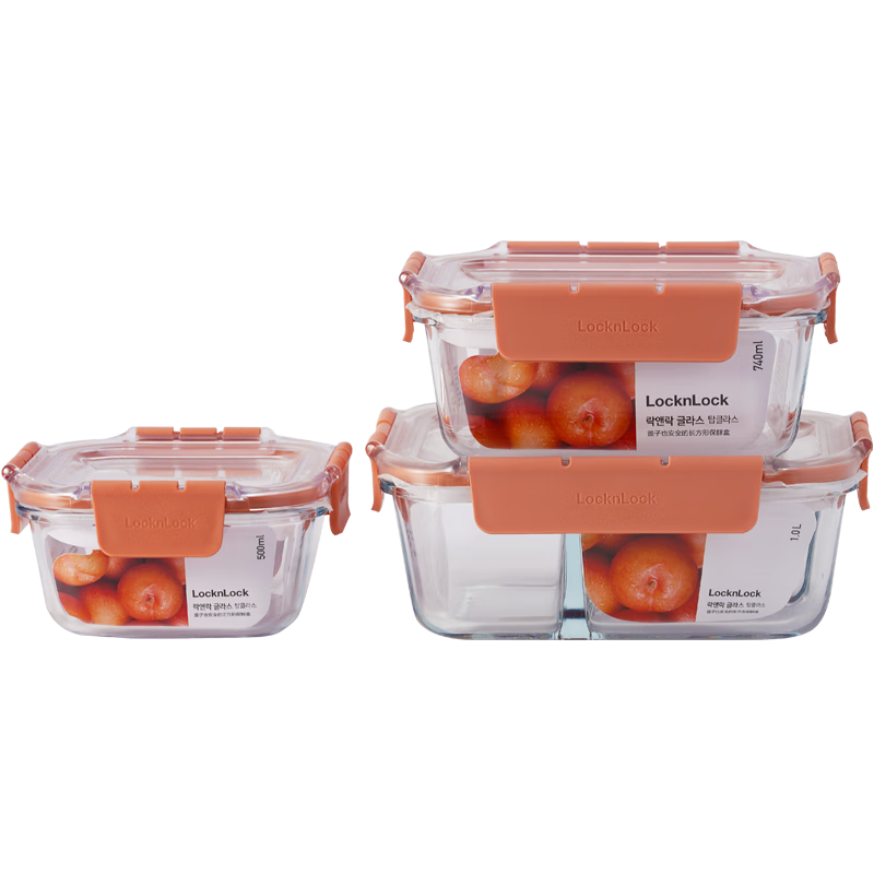 LOCK&LOCK Glass Food Storage Container Set, Microwave-Safe Lunch Box, Heat-Resistant Glass Bento Box, Multiple Sizes, 3-Piece Set