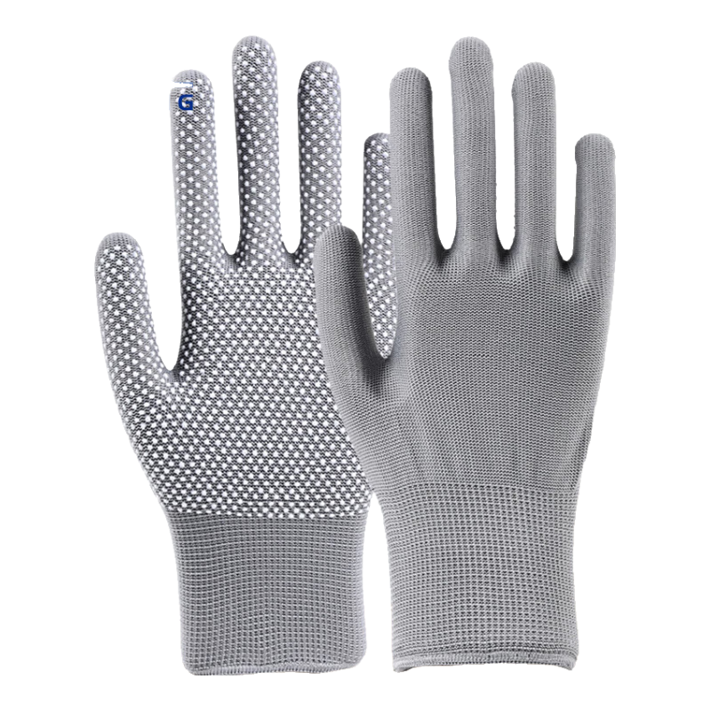 Lugong 13-Needle Nylon Dotted Work Gloves, Non-Slip Wear-Resistant Heat-Insulating Anti-Scalding, Thin Breathable Flexible, for Construction Site Auto Repair Driving Packing Maintenance Work, Gray, 12 Pairs, One Size Fits All