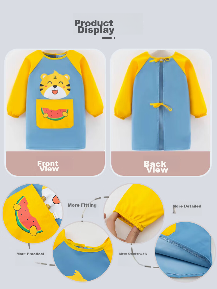9I9 Baby Eating Smock, Water-Resistant Long-Sleeve, Kindergarten Painting Clothes, Infant Reverse Wear, Anti-Dirt Extended Dinosaur A51 11
