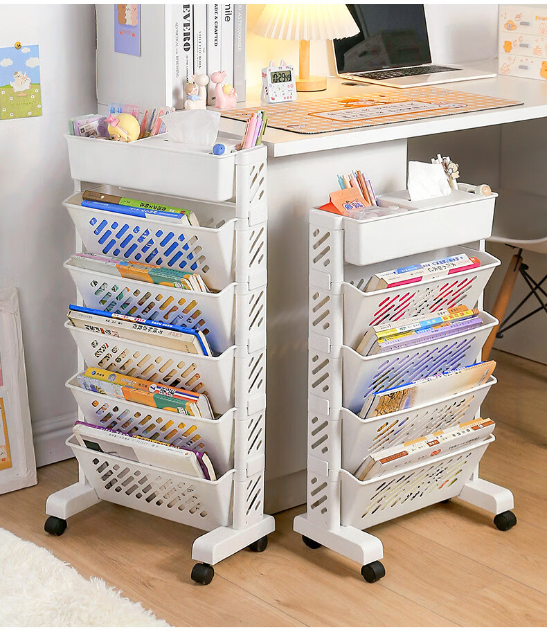 Jinlongxing Mobile Bookshelf, Classroom Desk Side Storage Rack, Floor-Standing Book Organizer with Wheels, Magazine Rack, Six-Tier 10