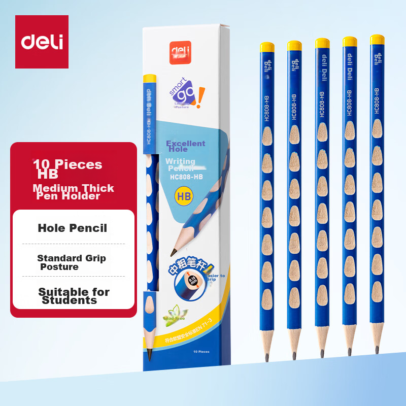 Deli Perforated Pencils, 10 Pieces, HB Medium Thick Triangular Grip, Easy to Hold, Small Hand Grip, Posture-Correcting Pencil, Student Writing Practice Pencil, HC808-HB, Back-To Stationery