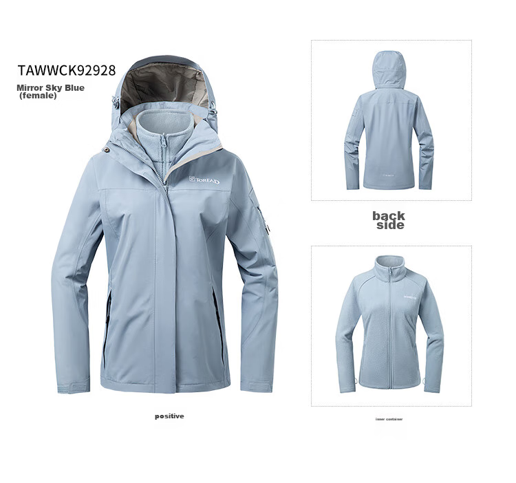 TOREAD Women's Outdoor Three-In Fleece Jacket, Detachable Two-Piece Set, Windproof, Warm Mountaineering Suit, Cold-Resistant Coat 55