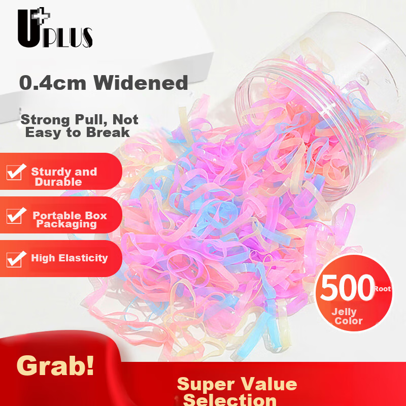 UPLUS High-Elasticity Disposable Hair Ties [Wider And Thicker, 500 Pieces] Small Rubber Bands for Hair Tying, Hair Elastics, Leather Covers, Jelly Color
