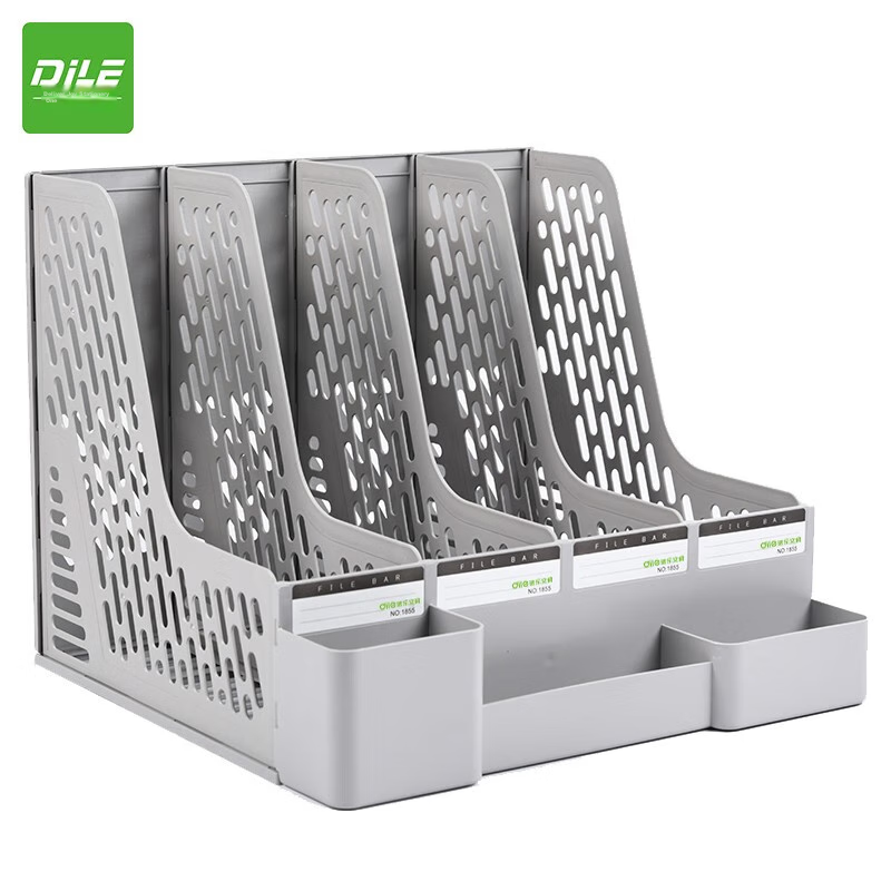 DiLe Premium Series Office Assistant File Organizer/document Holder/file Rack/document Stand/folder, Four-Compartment Document Basket Low Model with Pen Holder, 1855 Gray
